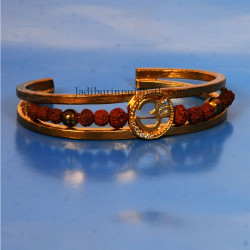  Om Gold Plated Cuff Kada Bracelet with Rudraksh - For Men